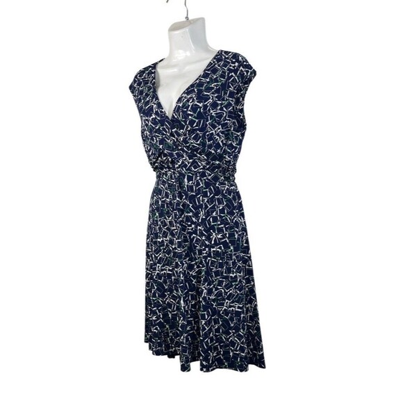 Chaps Faux Wrap Dress Large Navy & Green Abstract Print Sleeveless Church Career - Picture 2 of 6